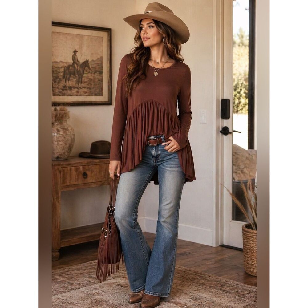 Giddy Up Glamour Brown V-Neck Long Sleeve Top